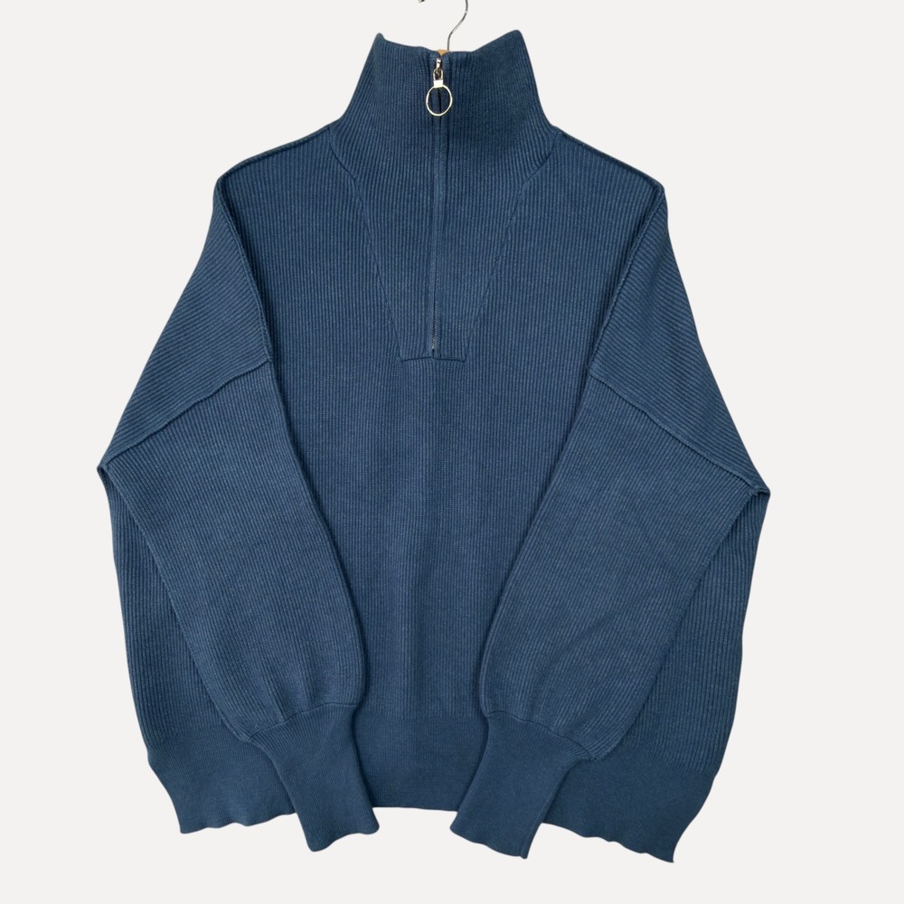 Men's Quarter Zip Ribbed Pullover Sweater M Blue Viscose Blend Mock Neck Preppy